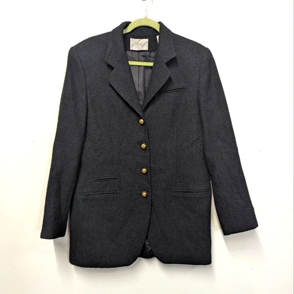 Vintage Black Boucle Blazer Long line Gold Buttons 8 Wool Lined